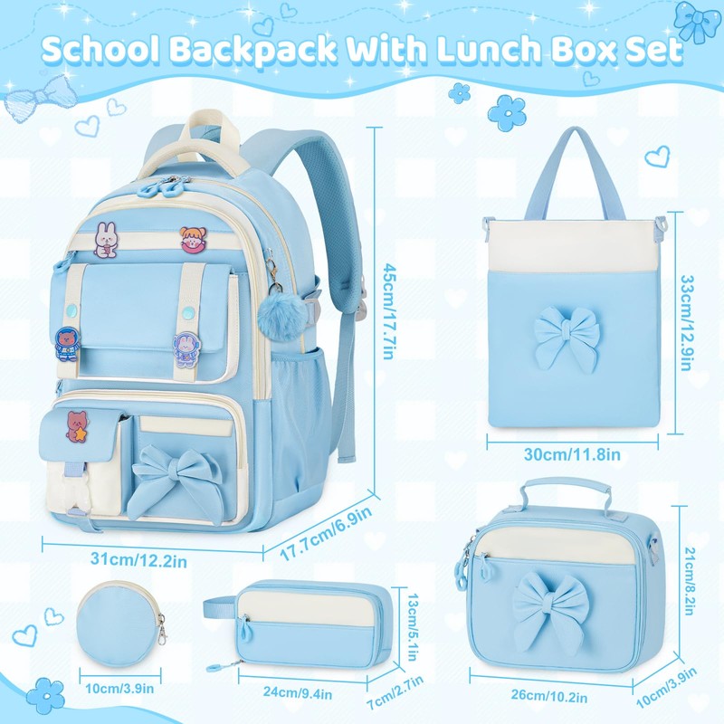 Aomutrsn Cute Girls Backpack with Lunch Box Set, 5pc Blue