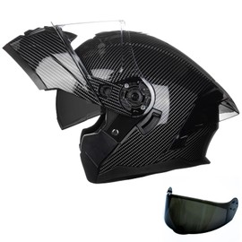 Crown Racing Modular Motorcycle Helmet with Flip-Up Design, Carbon Fiber Pattern, with Extra Clear Visor, DOT Approve Full Face Helmets