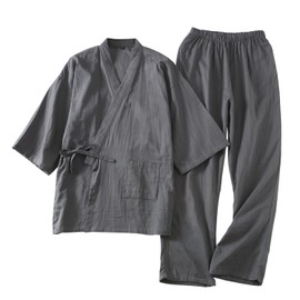 Comfort U Men's Yukata Jinbei, Sleepwear, 100% Cotton, Double Layered Gauze, Pajamas, Men's Jinbei, 3/4 Sleeve, Front Opening, Jinbei Set, Breathable, Sweat Absorbent, Kimono, Top and Bottom Set,