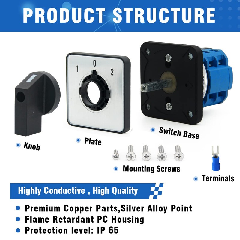 KEYMOO 20A Rotary Changeover Switch,3 Position 2 Phase 8 Terminals,ON-Off-ON
