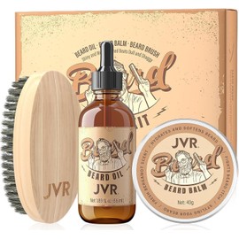 JVR Kit de aseo de barba para hombres, kit de cuidado de la barba con aceite de barba refrescante aroma de limón, bálsamo de barba aroma de coco, cepillo de cerdas naturales de jabalí, barba alisada, humedad y añade brillo y estilo
