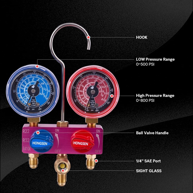 Hongsen HM2-SM-02-A Mini HVAC Manifold Gauge Set with 5FT Black