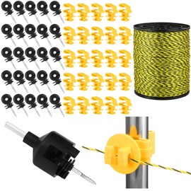 Kanayu 52 Pcs Electric Fence Kit Include 1640 ft Poly Wire 25 Black Fence Ring Insulators 25 Yellow T Post Insulators Socket Tool for Pet Animal Horse Cattle Livestock Pasture