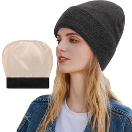 Fogrime Womens Satin Lined Knit Beanie Hat Acrylic Winter Hats for Women Men Silk Lining Soft Slouchy Warm Cuffed Beanie Hat (CA/US, Alpha, One Size, Dark Gray)