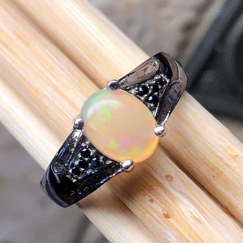 Genuine Ethiopian Opal Cabochan, Black Spinel 925 Solid Sterling Silver