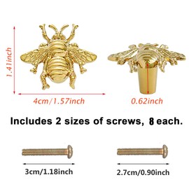 BAOTXHBR 8 pcs Bee Shape Cabinet Knob,Golden Cupboard Handles for Dresser Drawer Wardrobe Bathroom Furniture Door Decorative Pulls,with Screw