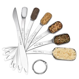 U-Taste 18/8 Stainless Steel Measuring Spoons, Square Metal Measure Teaspoon Tablespoon with Leveler for Dry or Liquid Ingredients Cooking Baking, Fits in Spice Jar (Set of 7, Silver)