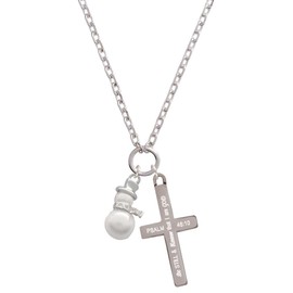 Delight Jewelry Silvertone Imitation Pearl Snowman - Be Still and Know Engraved Cross Zoey Necklace, 28"
