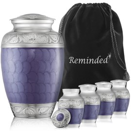 Reminded Set of 5 Etched Cremation Urns for Human Ashes - 1 Adult + 4 Keepsake Token Size, Lavender
