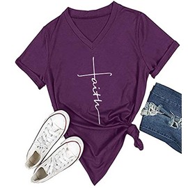 DANVOUY Women's Summer Casual Letters Printed T-Shirt Short Sleeves Graphic V-Neck Tops Purple Medium