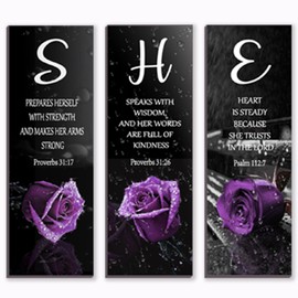 FENCORDAR 3 Pieces Purple Bedroom Decor Purple Rose Women Bedroom Wooden Purple Bathroom Inspirational Office Decor With SHE Religious Words For Women Kitchen Home(12x Inch)