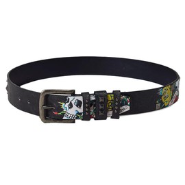 ED HARDY Men's 38mm Skulls & Roses Print Studded Belt (Black/Pyramid Studs, 34)