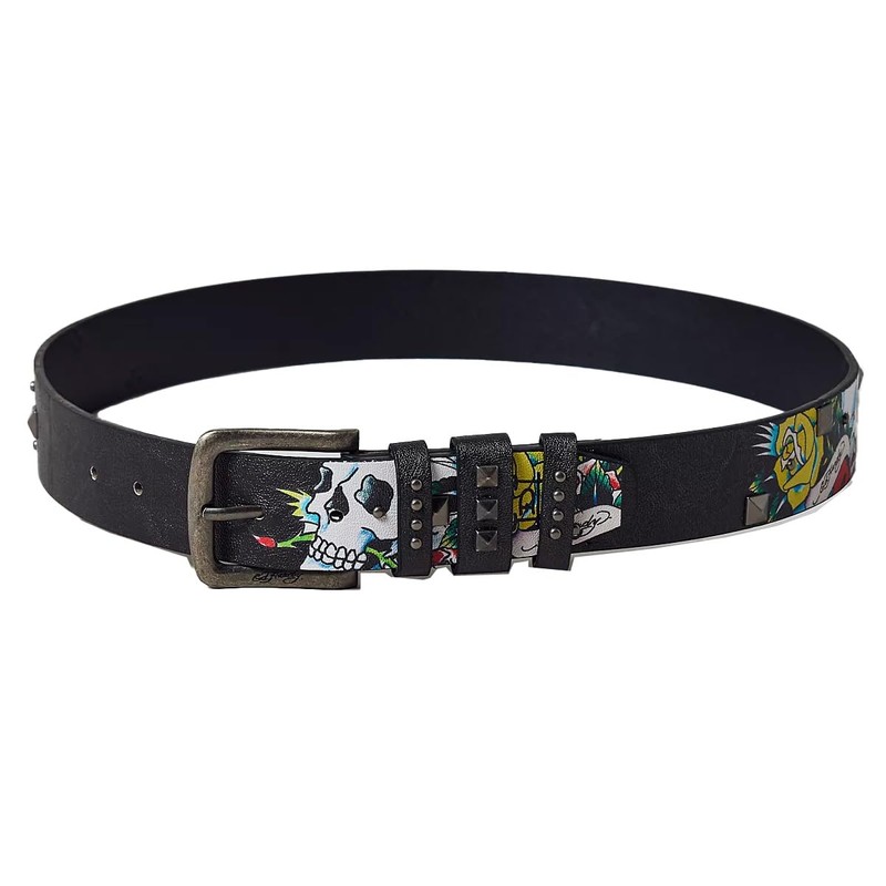 ED HARDY Men's 38mm Skulls & Roses Print Studded Belt