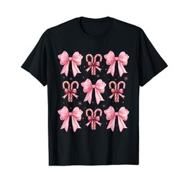 Coquette Bow Candy Canes Christmas Women Girls Teen Pink Bow T-Shirt