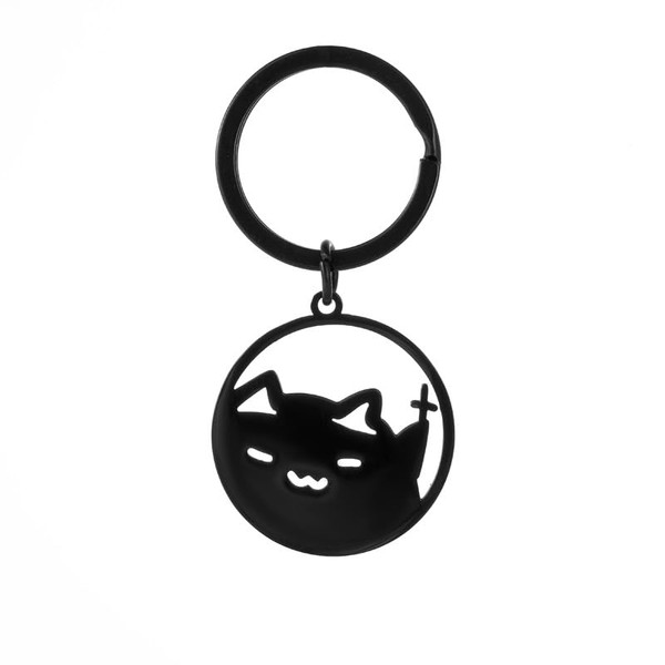Cute Black Kitten Holding Cross Keychain - Adorable Kawaii Cartoon