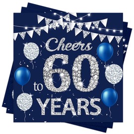 Xunerloy Blue Silver 60th Birthday Napkins,Happy 60th Birthday Serviette for Men Women, Cheers to 60th Years Napkins for Table Decorations