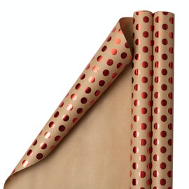 JAM Paper Gift Wrap - Kraft Wrapping Paper - 50 Sq Ft Total - Red Foil Polka Dots on Brown Kraft Paper - 2 Rolls/Pack
