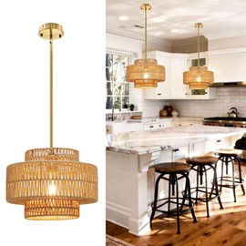 Phaosio 12.4” Boho Rattan Chandelier, Hand Woven Pendant Light Fixture, 1-Light Farmhouse Hanging Ceiling Light for Dining Room, Kitchen Island, Bedroom, Living Room, Entryway, Foyer