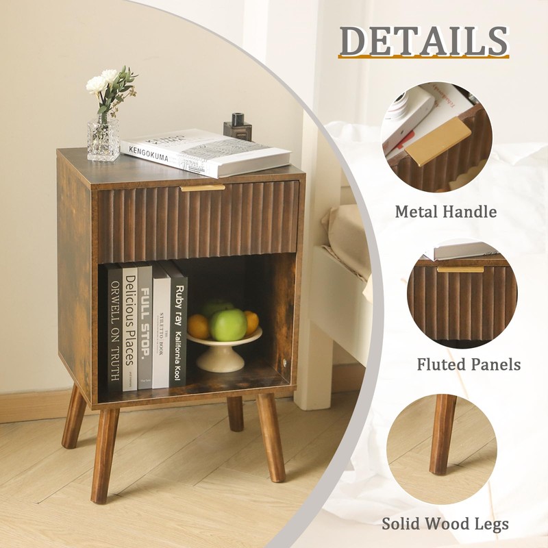 Fultyle Mid Century Modern Nightstand, Wood Bedside Table with Drawer