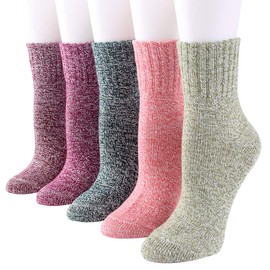 TeenFighter 5 Pairs Upgraded Thick Warm Wool Cotton Women Socks, Knit Cabin Cozy Crew Winter Socks for Girls, Neutral Color, 5-9