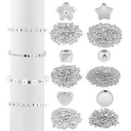 1200 Pcs Bracelet Beads for Jewelry Making Assorted Bracelet Beads Spacer Beads Small Beads Heart Star Cylinder Round Beads for DIY Bracelet Jewelry Making, Silver