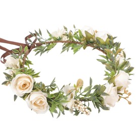 KorViSHOW White Flower Crown Headband- Handmade Fairy Rose Floral Headpiece Adjustable White Flower Headbands for Women Girls Wedding, Renaissance Party, Festival Decoration, Hair Styling Accessory