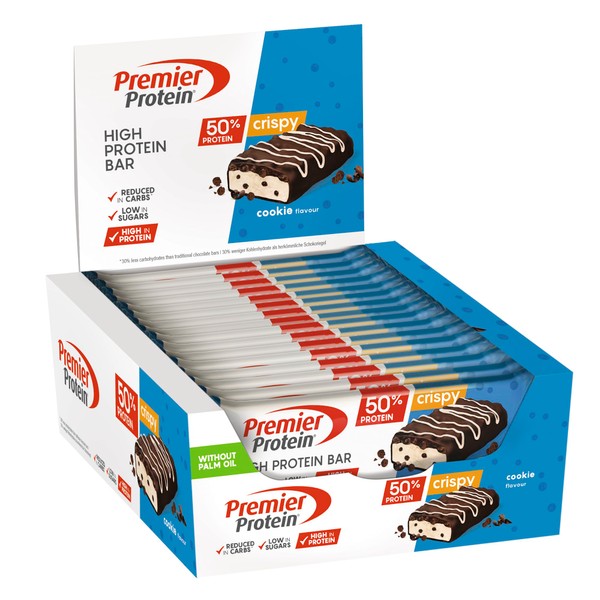 Premier Protein High Protein Bar Crispy Cookie 16 x 40 g - High Protein Low Sugar Bar + Palm Oil Free