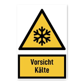 Sticker: 300 x 200 mm, 1 piece – Caution Cold – Warning Sign with Text (German) (Yellow/Black) – Vertical – W010 – DIN EN ISO 7010 / ASR A1.3