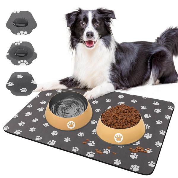 Absorbent Pet Feeding Mat - Quick Dry Anti-Slip Dog Bowl Mat for Food and Water with Cute Footprints, No Stains Dog Supplies for Medium and Large Dogs, 24x16in