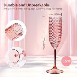 ZOMUIA 12 Pack Plastic Champagne Glasses Unbreakable Champagne Flute Acrylic Wedding Toasting Crystal Goblets Reusable Diamond Wine Glasses for Wedding Anniversary Birthday Party, Pink 5.5 oz