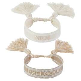 COTTVOTT 2pcs Woven Friendship Wrap Bracelet Lucky Knitted Word Braided Bracelets for Women(2pcs/NICE+FEEL GOOD)