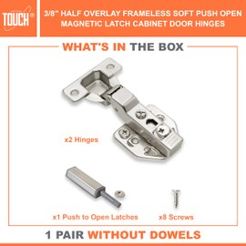 TOUCH Cabinet Hinges (1 Pair, 2 PCS) Half Overlay Soft Push to Open Cabinet Hardware Chrome Magnetic Latch and Catch Push Release Opener for Kitchen Cupboard and Closets 3D Adjustable with Screws