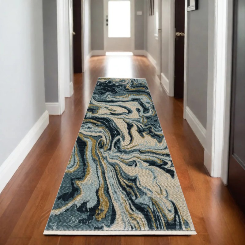 Homeroots 8' Navy Blue And Teal Abstract Runner Rug With