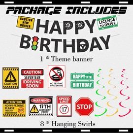 Learner Driver Gifts 17th Birthday - 18 Pcs Learner Driver Banner Hanging Swirls 17th Driver License Transportation Car Road Signs Theme Party Supplies for 17 Year Old Birthday Decorations