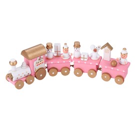 TOYANDONA 1Pack Christmas Wooden Train, 4 Section Mini Train Rail Toy Set Pink Creative Train Adornment with Snowman and Bear, Desktop Gift for Kids Christmas Party Kindergarten Decoration