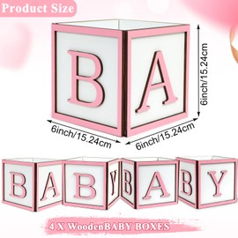 MASTRON Baby Shower Centerpieces for Table - 4 Set of Wood Boxes with Baby Letters 6 x 6 inch Cube Planter Vase Baby Blocks for Boys Baby Shower Gender Reveal Favor - Pink