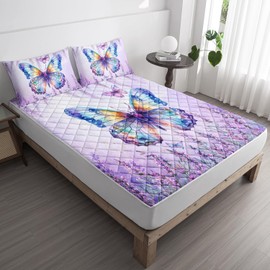 Violet Lavender Butterfly Twin Size Fitted Mattress Pad,Waterproof Fitted Sheet Set，Bedding Quilted Noiseless Mattress Protector Stretches up to 15 Inches Deep,Breathable Bed Mattress Cover