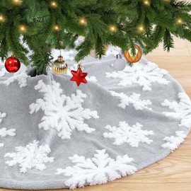 Grey Faux Fur Tree Skirt 3D White Snowflake Large Xmas Tree Skirt 48inch Christmas Tree Mat for Christmas Party New Year Gifts Festival Holiday Indoor Outdoor Decoration