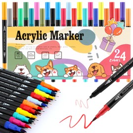 AOMEES 24 Colours Acrylic Pens for Stones Waterproof, Dual Tip Acrylic Marker Acrylic Pens for Wood, Paper, Glass, Canvas, Shells, Crafts Acrylic Paint Markers (24)