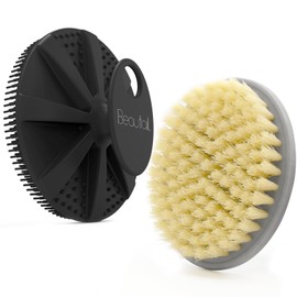 BEAUTAIL Body Scrubber 2 Pack Shower Bath Brush, 1 Pack Plastic Body Brush Gray and 1 Pack Silicone Body Scrubber Black, Gentle Exfoliating for Women Men Baby Sensitive Skin