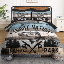 WeCozy 7 Pcs Queen Size Comforter Set with 2 Pillowcases & 2 Shams, Vintage Fishing Fish Bedding for Kids and Adults, Retro Lake Wood Bed in a Bag with Flat Fitted Sheet