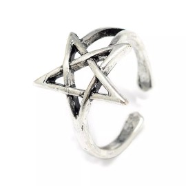 LZD Alloy Cuff Finger Ring Pentagram Antique Silver Size 4 Adjustable 15mm P430