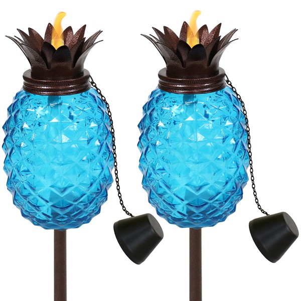 Sunnydaze Tropical Pineapple 3-in-1 Blue Glass Outdoor Torches - 23- to 63-Inch Adjustable Height - Glass Torches with Metal Poles - Great for Backyard Lighting and Entertaining - Set of 2