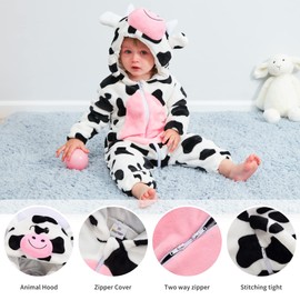 COOKY.D Newborn Infant Hooded Flannel Romper Autumn Winter Onsie Pajamas Jumpsuit Long Sleeve Sleepsuits for Baby Girls Boys, 12-18 Months, Cow