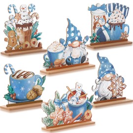 Blosssound 6 Pcs Winter Hot Cocoa Table Decor Christmas Gnome Table Centerpieces Wonderland Wooden Sign Table Decorations for Home Office Xmas Winter Holiday Theme Party Decor