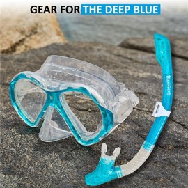 Blue Reef Sentinel Snorkel Mask Set Turquoise, Snorkeling Gear for Adults Set Includes Sentinel Mask w/Twin Tempered Glass Lenses for Increased Clarity, Cortes Dry Snorkel and Mesh Bag