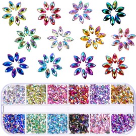 TecUnite 1200 Pieces 12 Colors Shiny Nail Rhinestones Horse Eye Nail Rhinestones Flat Back Gems Decorations Supplies with Box Face Art Gem Jewel for Halloween Party Decorations Crafts (12 Colors)