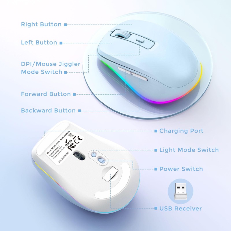 PEIOUS Wireless Mouse Jiggler - LED Wireless Mice with Build-in