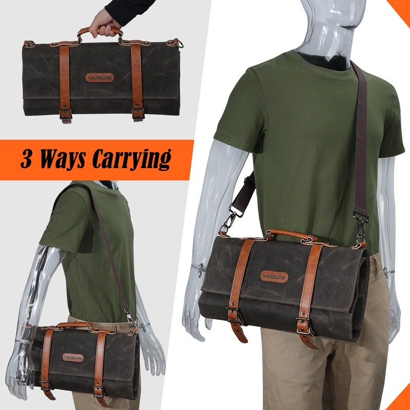 WELKINLAND 13-Pocket Knife Roll, Waxed-Canvas Leather Knife Roll Bag, Heavy-Duty