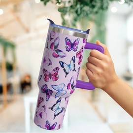 bchiijds 40 oz Butterfly Tumbler with Handle Butterfly Cups Butterfly Gifts for Women Adults Girls, Stainless Steel Butterfly Insulated Tumblers with Lids and Straws,Purple